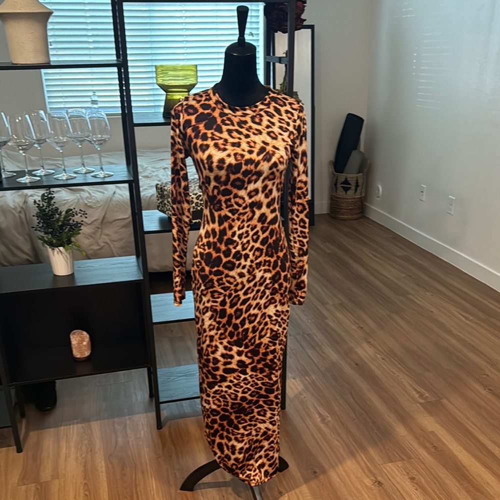 Gold and Brown Leopard Print Maxi Dress